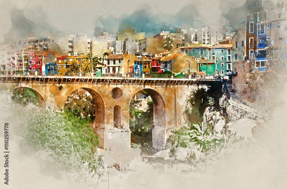 Digital watercolor painting of Villajoyosa town. Spain - obrazy, fototapety, plakaty 