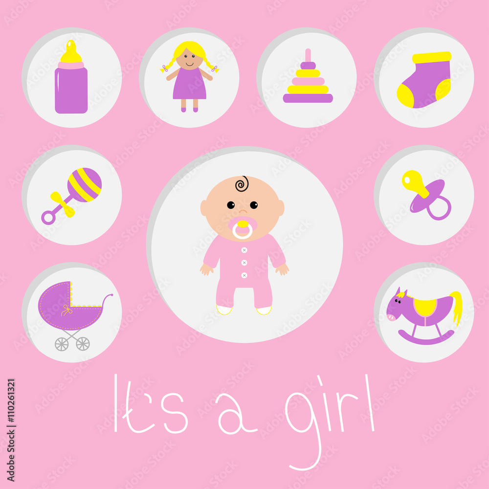 Its a girl. Baby girl shower card. Bottle, horse, rattle, pacifier, sock, doll, baby carriage pyramid toy. Pink background Flat design. Its a girl. Baby girl shower card. Bottle, horse, rattle, pacifier, sock, doll, baby carriage pyramid toy. Pink background Flat design.