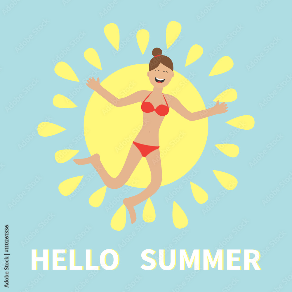 Hello summer. Woman wearing swimsuit jumping.  Sun shining icon. Happy girl jump. Cartoon laughing character in red swimming suit. Smiling woman in bikini bathing suit. Blue background. Flat
