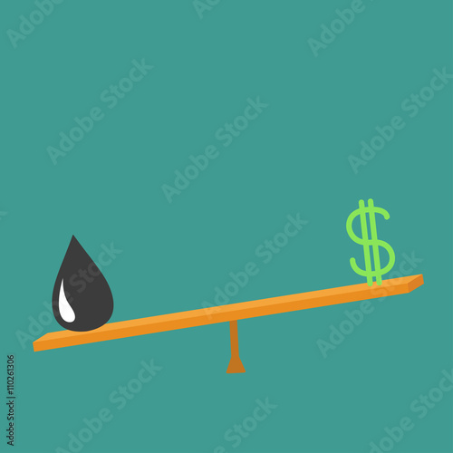 Dollar sign and oil drop on scale board. Balance between dollar and oil value. Seesaw icon. Business infographic. Green background. Isolated. Down up money value concept. Flat design