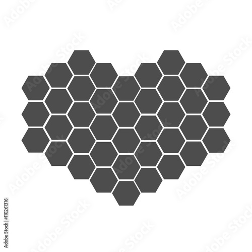 Black honeycomb set in shape of heart. Beehive element. Honey icon. Isolated. White background. Flat design.