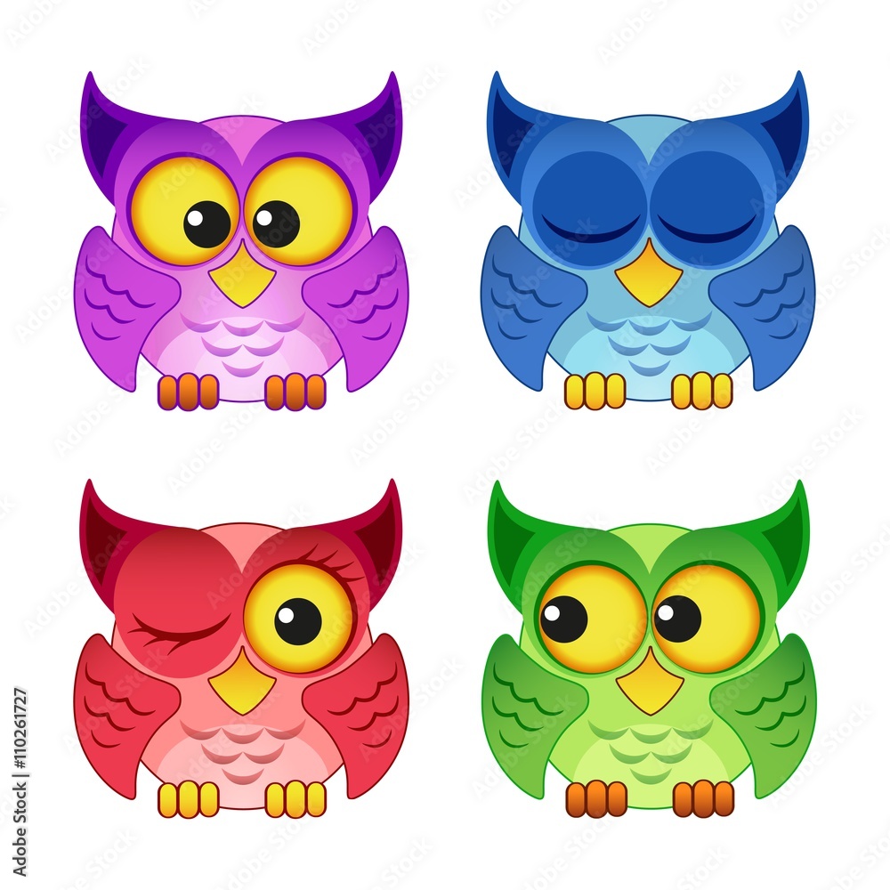 Cute colorful owls isolated on white background Cute colorful owls isolated on white background