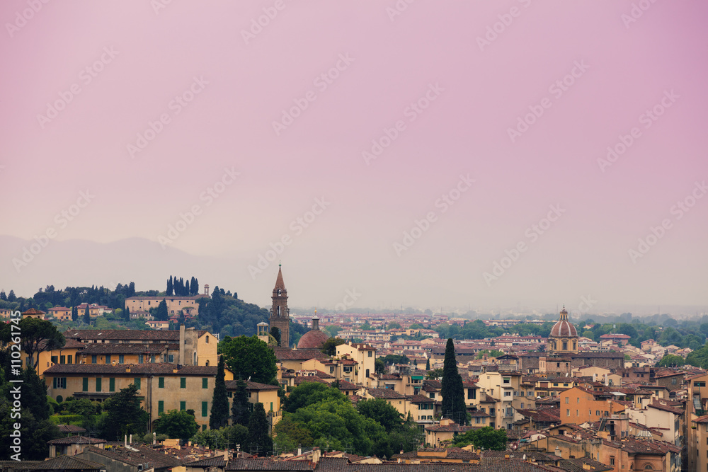 View of Florence in rainy foggy morning from Piazzale Michelangelo