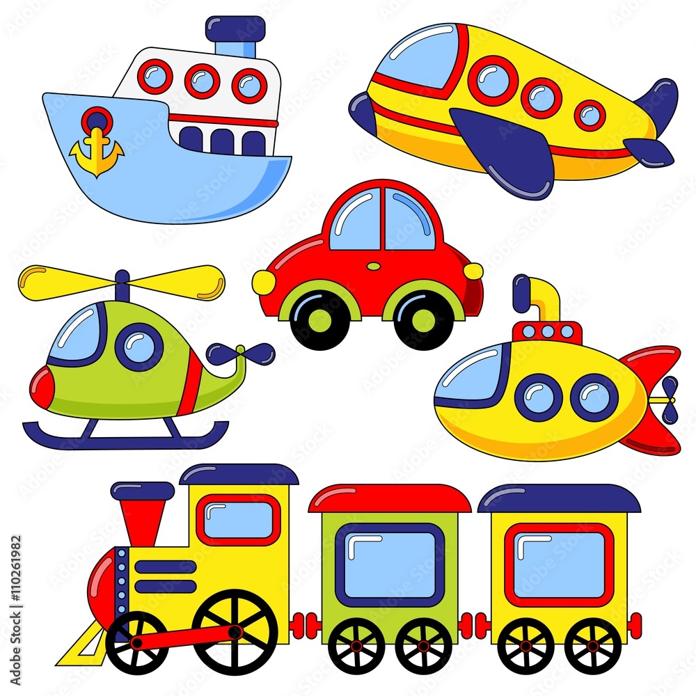 Set of cartoon transport icon. Car, submarine, ship, plane, train,  helicopter Stock Vector | Adobe Stock