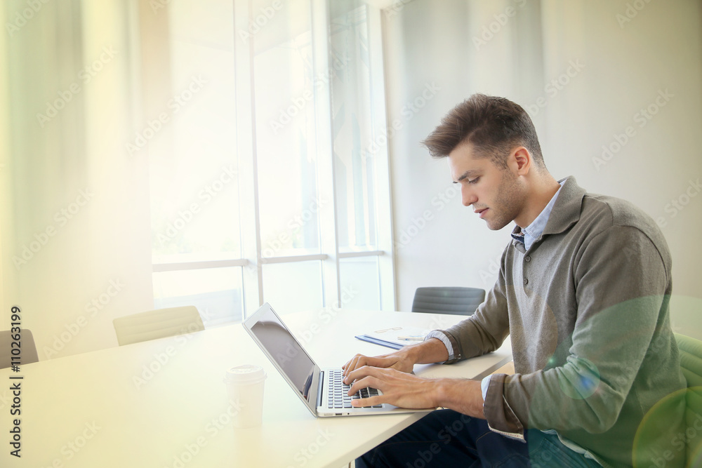 Businessman using laptop in contemporary working room Businessman using laptop in contemporary working room