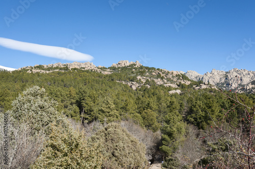 Views of La Pedriza from Canto Cochino, in Guadarrama Mountains National Park, Madrid, Spain. In the background can be seen The Cancho de los Muertos Peak, El Pajaro  Peak and Las Buitreras Peak photo