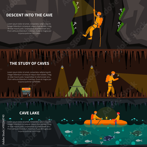 Speleiologists In Cave Flat Banners Set