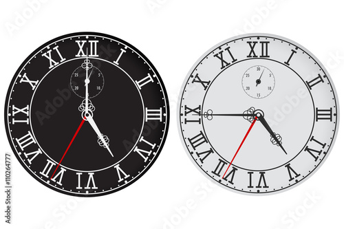 Clock dial with roman numerals. Five o'clock. Quarter to five.
