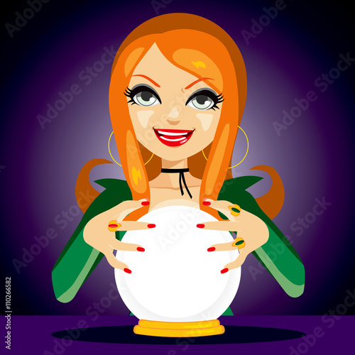 Beautiful red haired fortune teller woman reading future on magical crystal ball