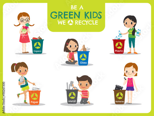 kids segregating trash recycling concept illustration