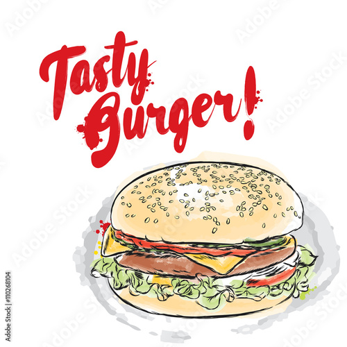 Tasty burger. Vector illustration. Print menu for decoration, advertising, web site or print on clothes. photo