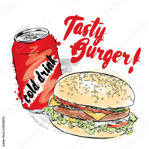 Tasty burger and a cold drink. Vector illustration. Print menu for decoration, advertising, web site or print on clothes. photo