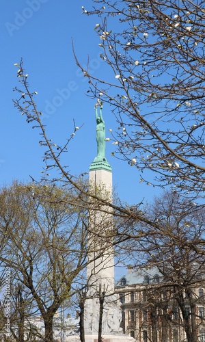 High monument of Brivibas piemineklis, Latvian memorial of freedom in Riga photo