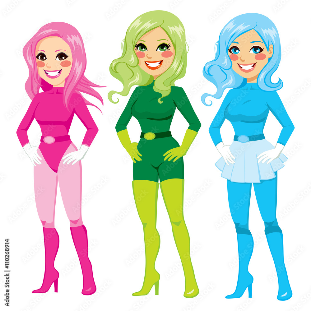Three beautiful superhero women with colorful pink, blue and green