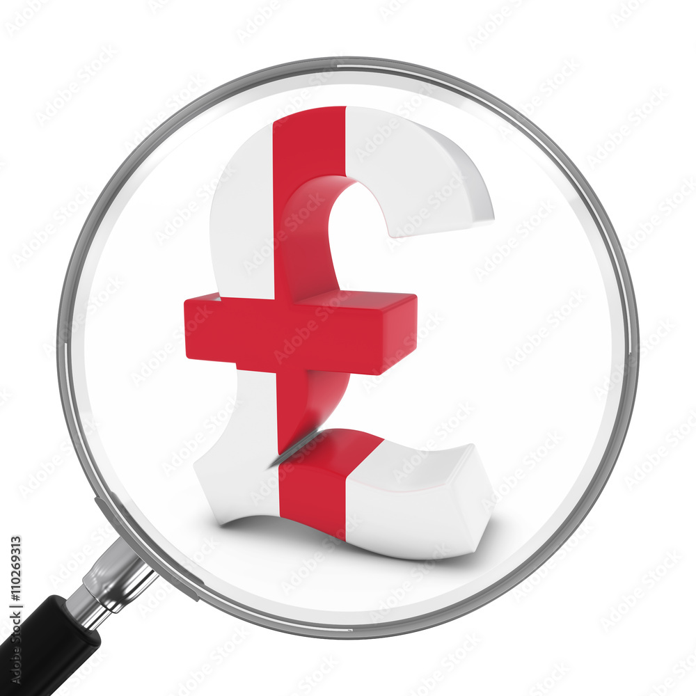 Obraz premium England Finance Concept - English Pound Symbol Under Magnifying Glass - 3D Illustration