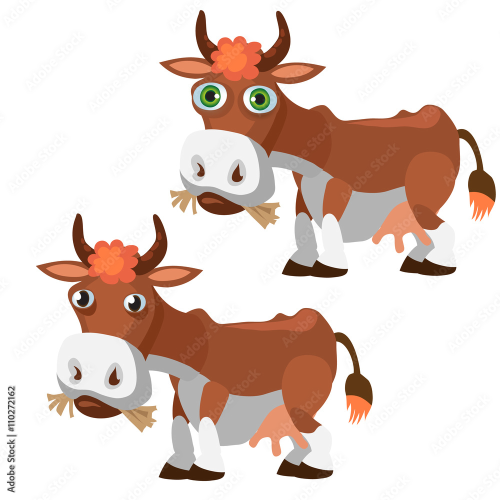 Two funny brown cow in cartoon style isolated Two funny brown cow in cartoon style isolated