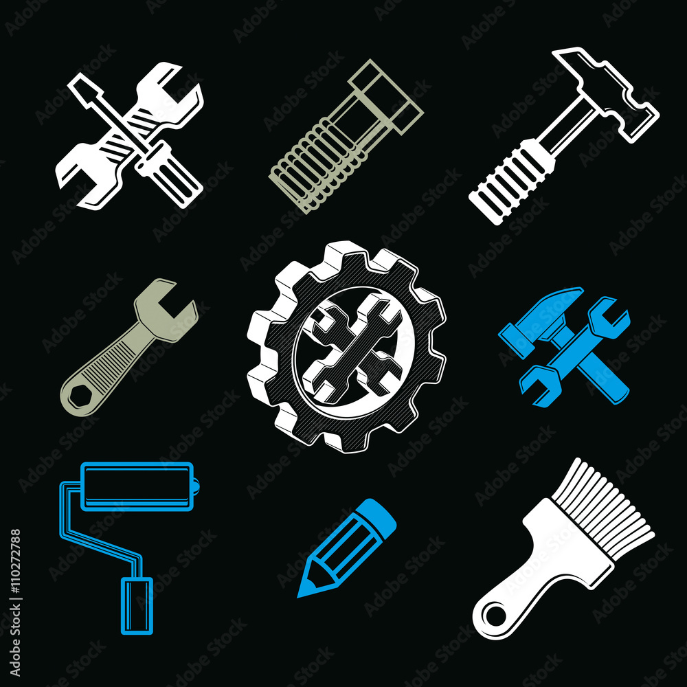 Detailed work tools collection, 3d vector repair instruments Detailed work tools collection, 3d vector repair instruments
