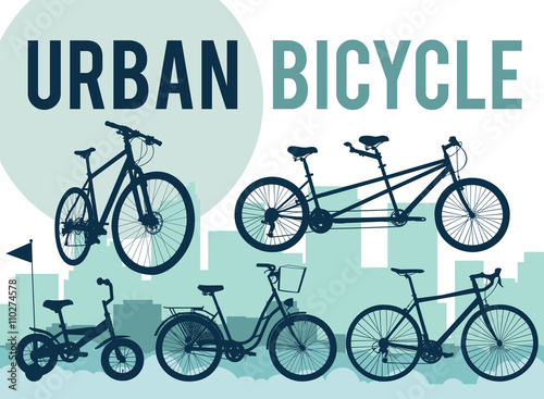 Set of silhouettes of bicycles on the city skyline. Vector illus