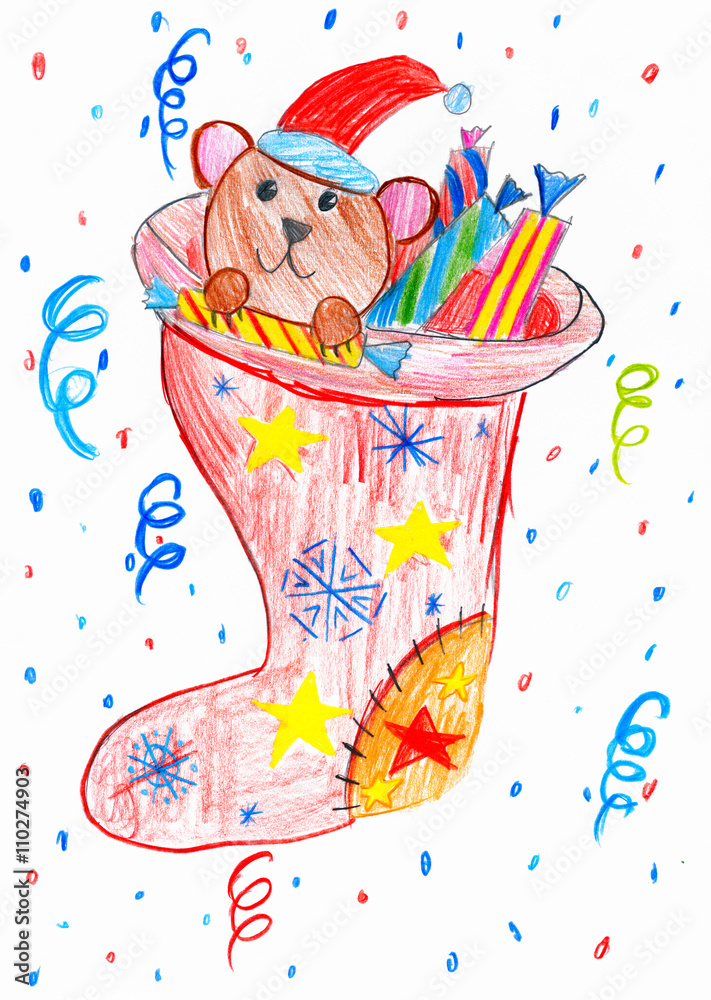 Obraz premium bear and toys in a christmas sock, child drawing, top view hands with pencil painting picture on paper, artwork workplace