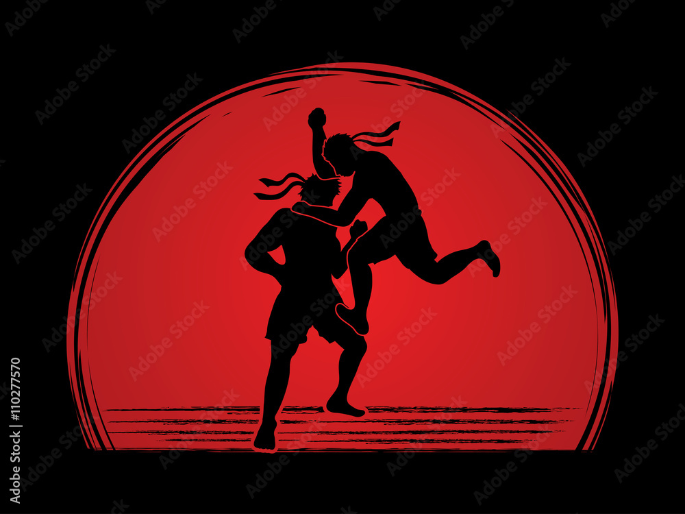 Muay Thai, Thai Boxing, action designed on sunset background graphic vector