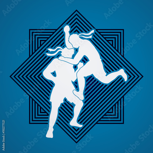 Muay Thai, Thai Boxing, action designed on line square background graphic vector