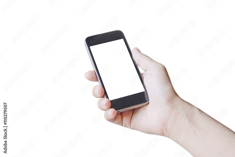 Hand with mobile smart phone Isolated on white background Hand with mobile smart phone Isolated on white background