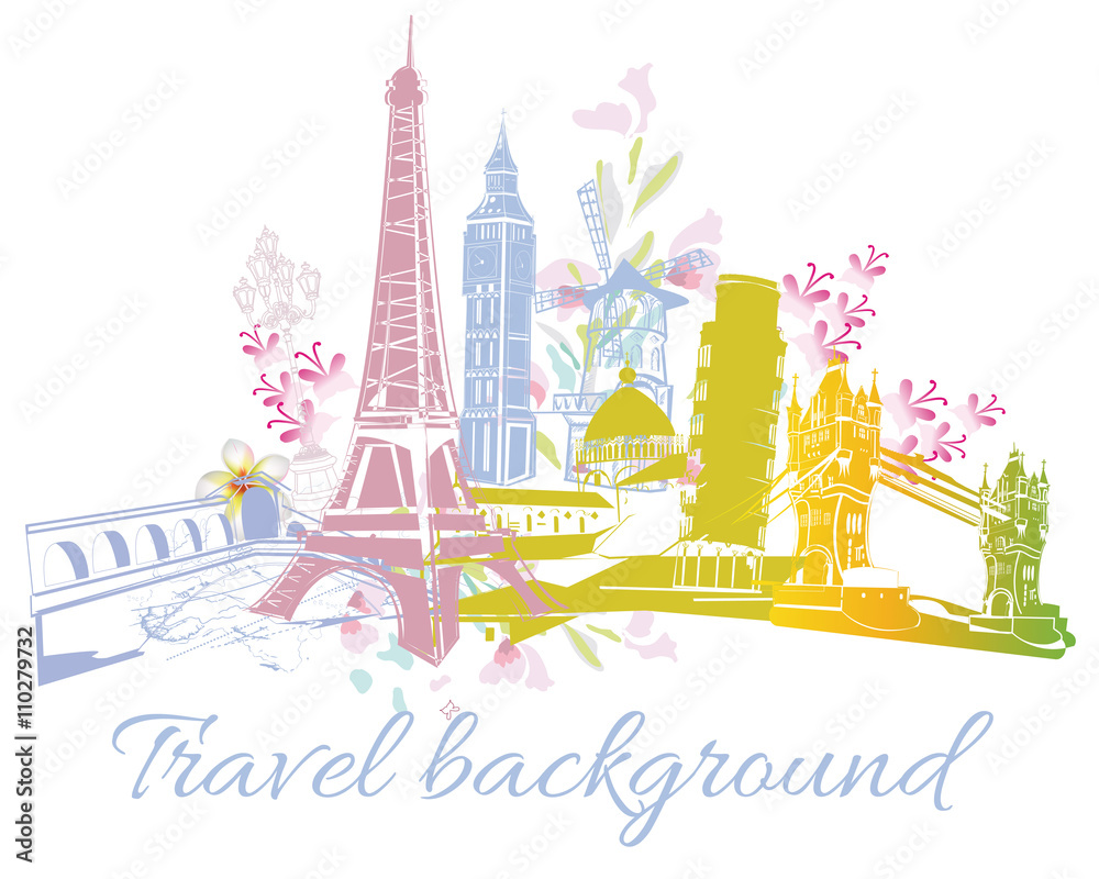 Fototapeta premium Colored silhouettes of sights in Europe.