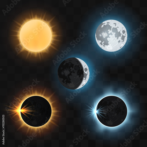 Sun and moon and sun and moon eclipses. Sun eclipse, moon eclipse, dark eclipse sun or moon, nature eclipse sun and moon. Vector illustration