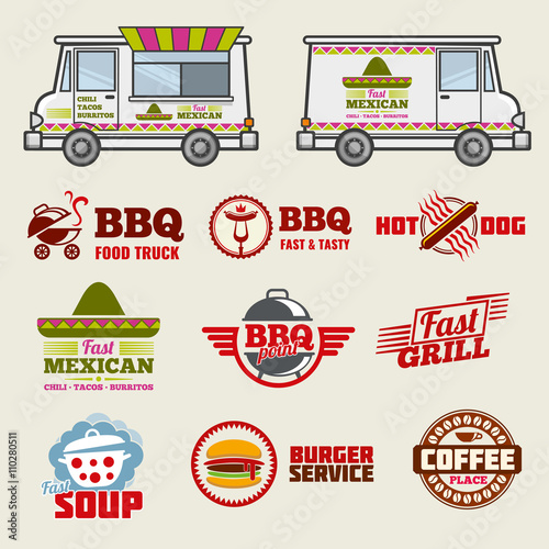 Food truck vector emblems and vehicle template. Emblem food truck, label food truck, bbq label and food truck illustration