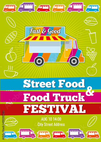 Vector poster with wagon full of tasty summer food, meals, drinks and fruits. Banner food festival, design event food truck, tasty food truck illustration