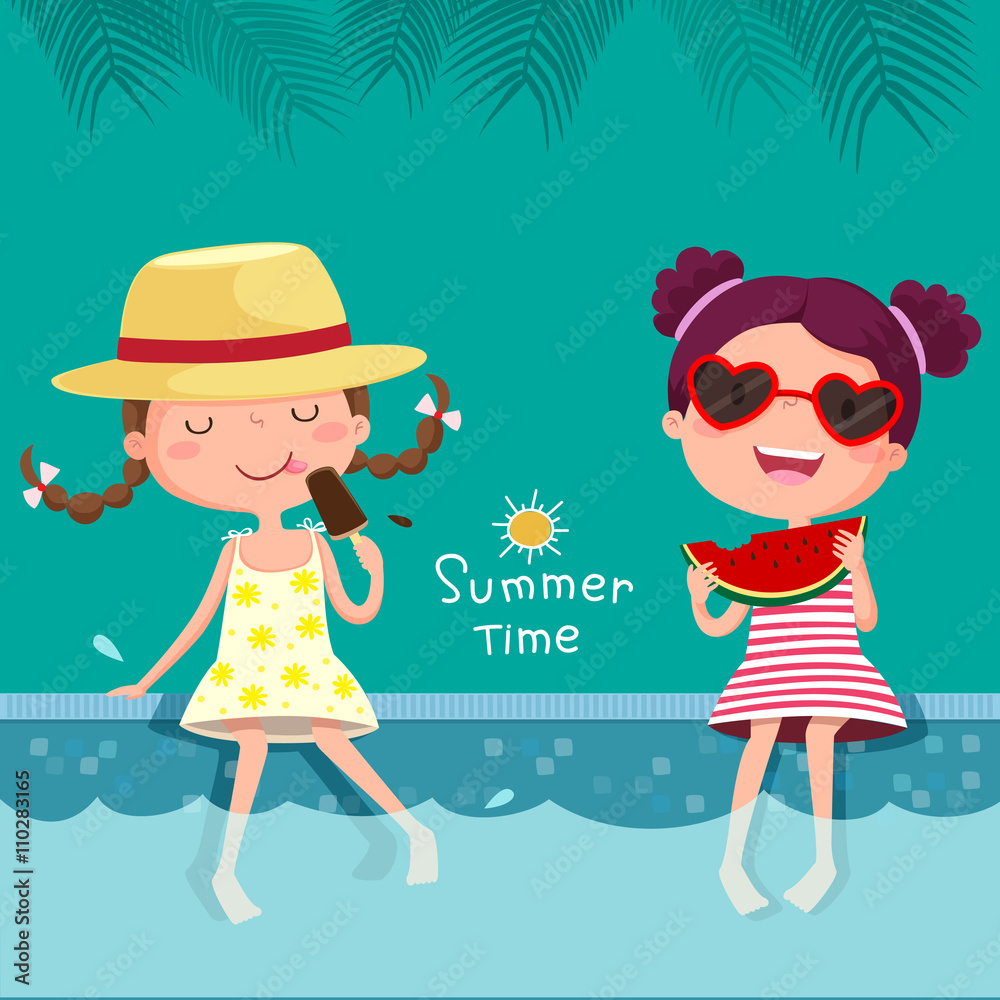 Obraz premium Two girls eating ice cream and watermelon at the pool