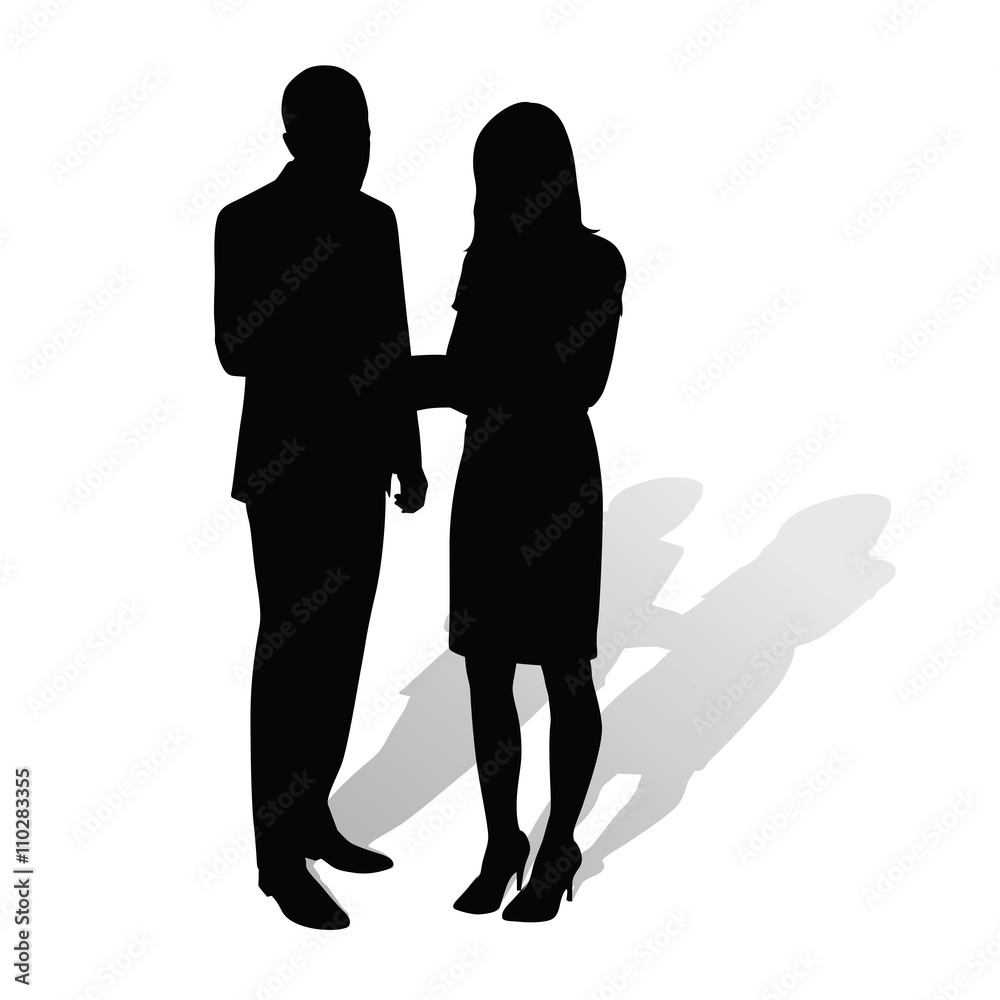 Business people. Man talking to woman. Vector silhouettes with s