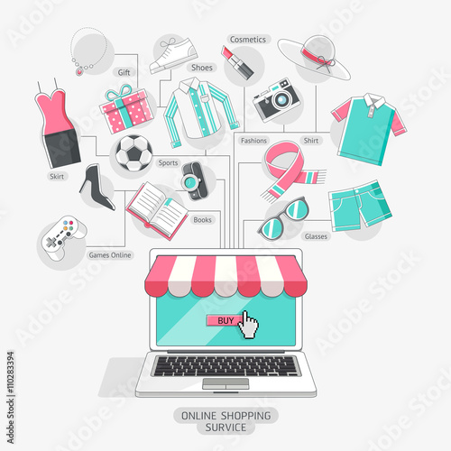 Shopping stores online conceptual line icons style. Vector illus