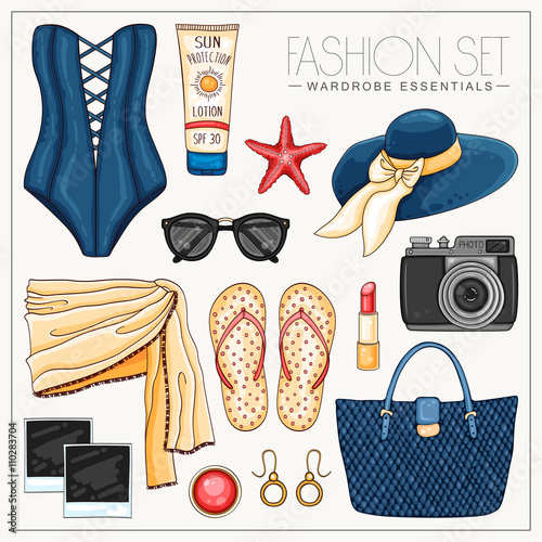 Summer glamour fashion set of beach clothes and accessories