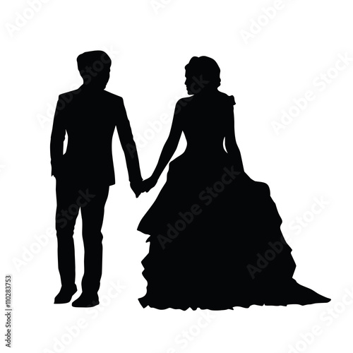 Wedding, newlyweds go side by side, holding hands. Man holding a
