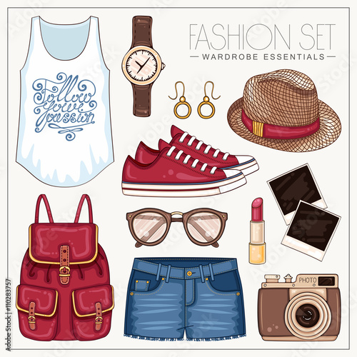 Summer fashion set with jeans shorts, backpack and sneakers
