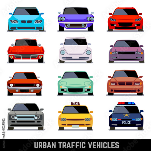 Urban traffic vehicles, car icons in flat style. Model car, police car and vehicle urban car. Vector illustration
