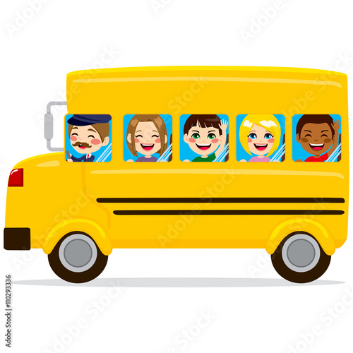 Illustration of school bus with cute happy kids and driver