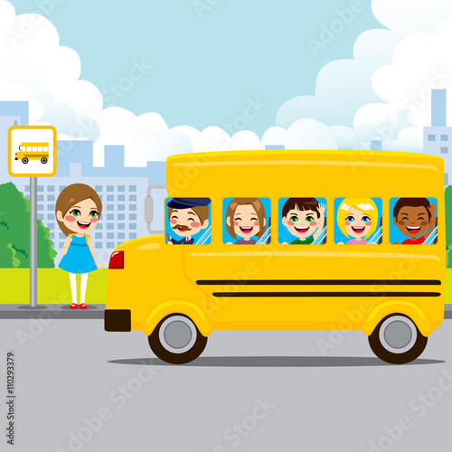 Little girl waiting on bus stop to ride schoolbus to school