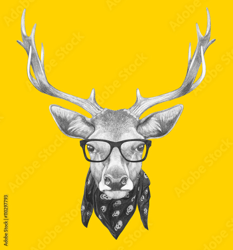 Portrait of Deer with glasses and scarf. Hand drawn illustration.