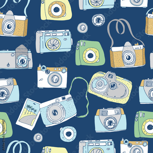 Cute hand drawn old and new cameras. Seamless vector pattern. Best summer memories.