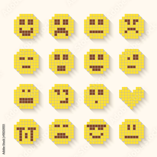 Flat pixel smile icons set with shadow effect.