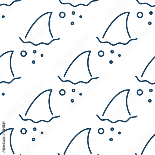 Shark fin in water waves seamless pattern. Flipper of fish in the sea white and blue background surface in outline style.