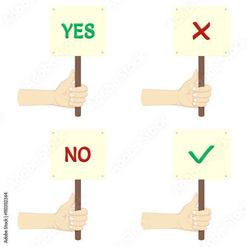 Set of hands holding plates with YES and NO. Collections of labels with true and false sign in cartoon style. Vector illustration isolated on white background.