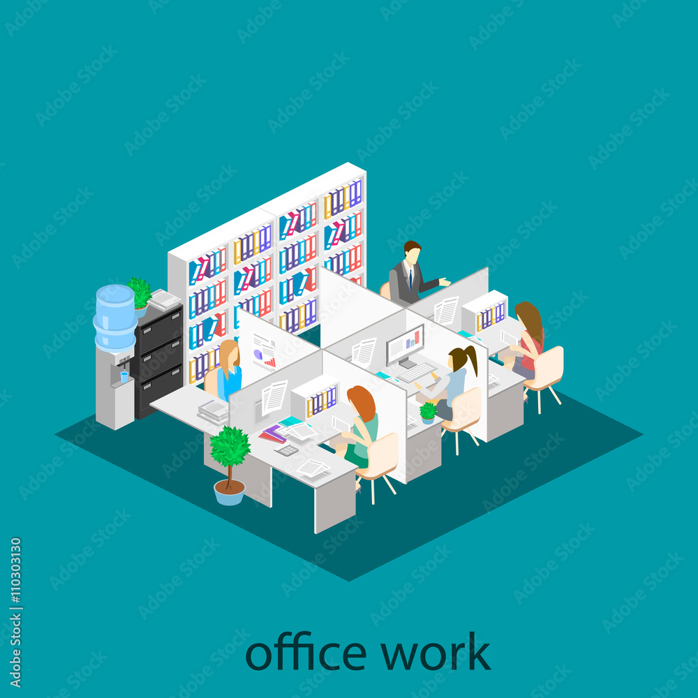 Flat 3d isometric abstract office floor interior departments concept vector.  Office life. Office workspace. People working in offices. Office room.