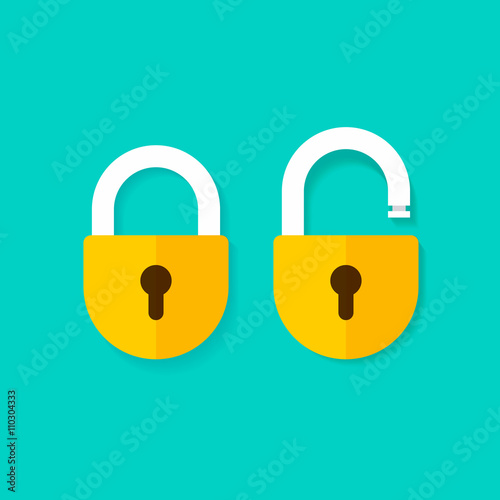 Lock open and lock closed vector icons isolated on blue background, yellow padlocks shapes illustration, flat cartoon locks set design