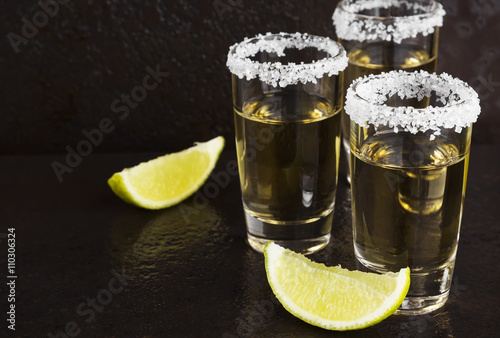 Tequila with salt and lime on a dark background