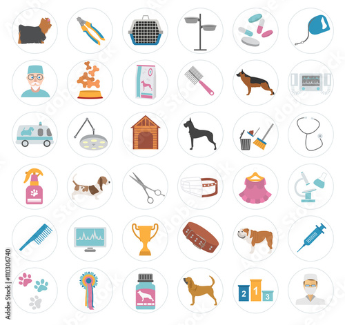 Dog icon set. Heatlh care, vet, nutrition, exhibition