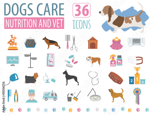 Dog icon set. Heatlh care, vet, nutrition, exhibition