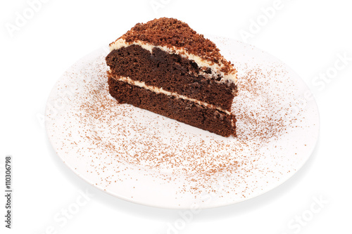 Dark chocolate cake on  plate isolated 
